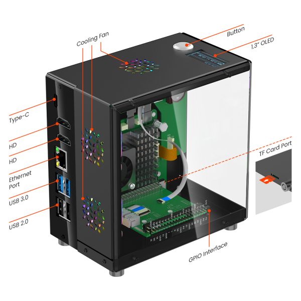 Mini PC Case With 1.3” OLED Screen For Raspberry Pi 5